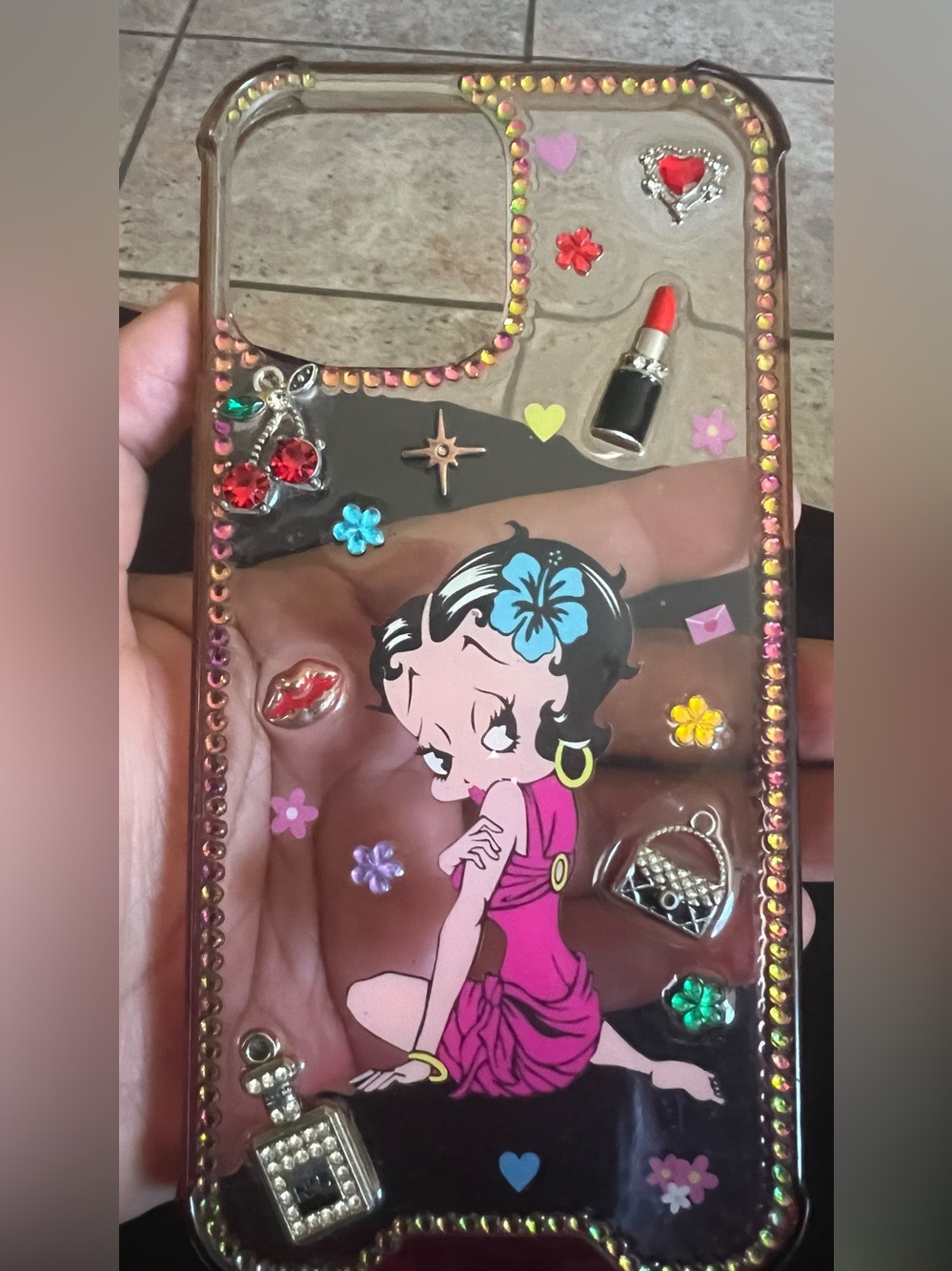 Betty Boop Pink Floral Rhinestone Phone Case